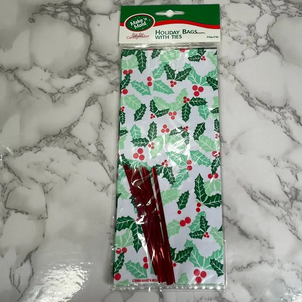 48 Christmas Holiday Winter Cello Treat Bags Gift Bag Sacks With Ties NEW